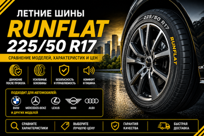 Летние шины RunFlat 225/50 R17 — сравнение моделей, характеристик и цен