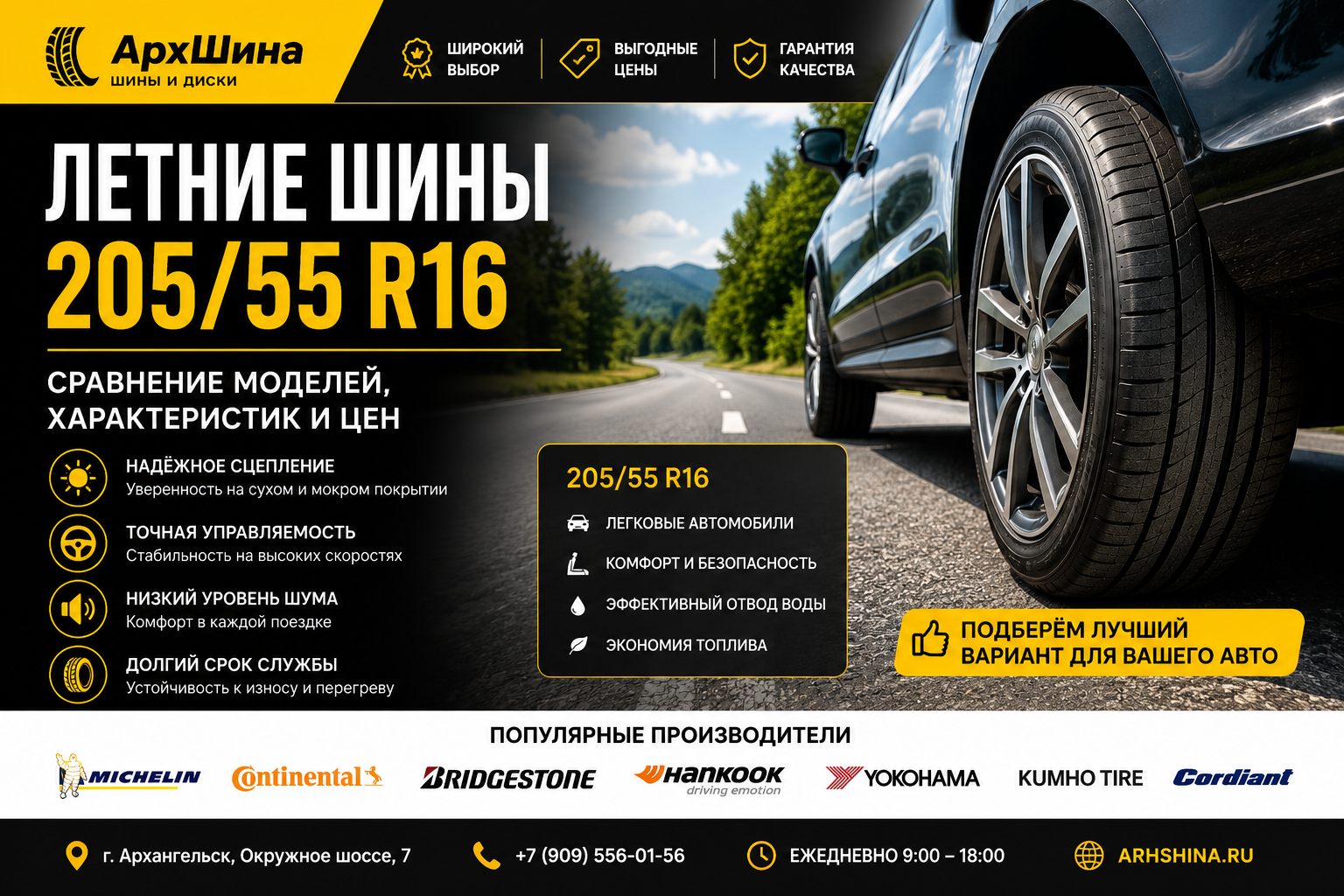 Летние шины 205/55 R16 — сравнение моделей, характеристик и цен