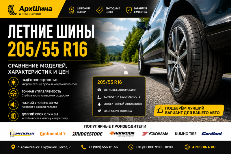 Летние шины 205/55 R16 — сравнение моделей, характеристик и цен